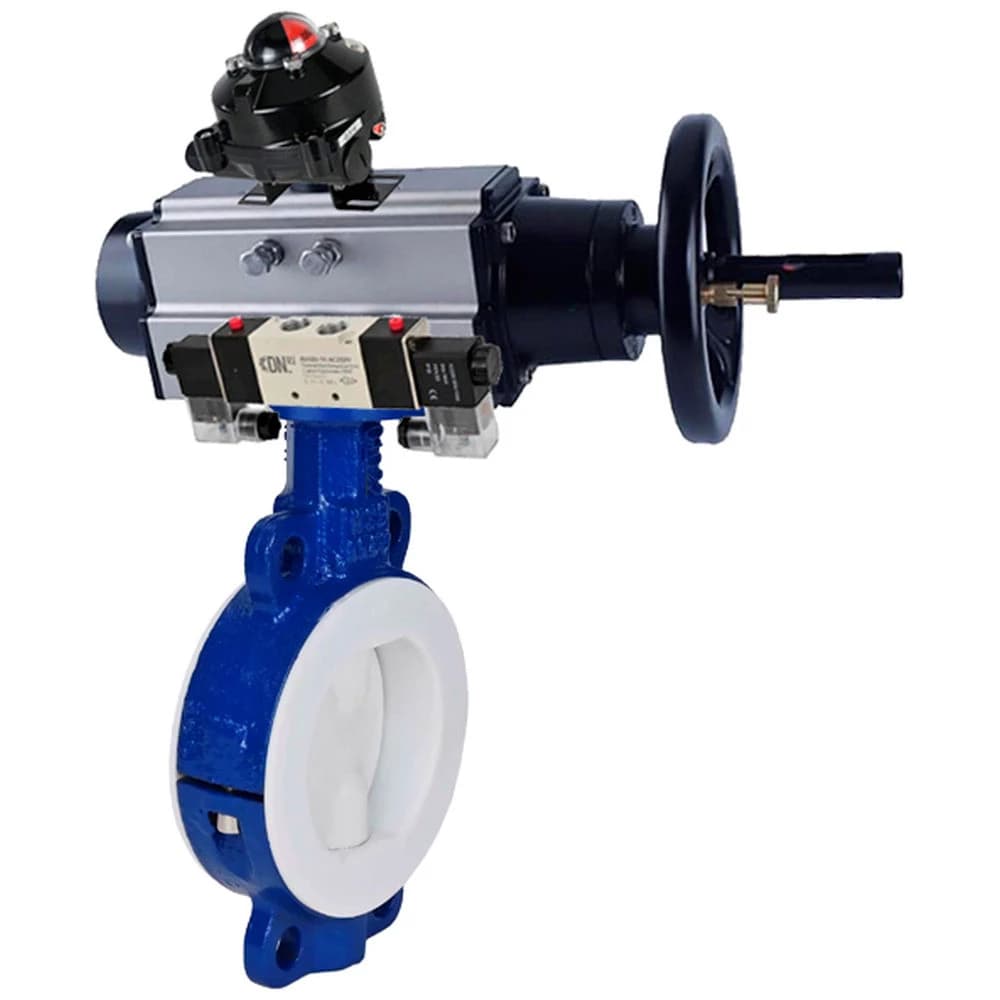 Затвор дисковый WCB-WCB-PTFE-PTFE-Fb-R Ду200 Ру16, корпус и диск углеродистая сталь WCB, футерованный PTFE, уплотнение PTFE, пневмопривод DA-105-1, пневмораспределитель PND1-S2EM-52-2-T08-220VAC, БКВ LSB-410-02ExM12-250