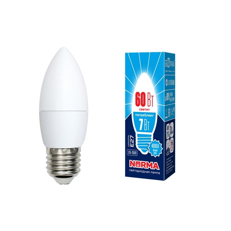 Лампа светодиодная LED-C37-7W/NW/E27/FR/NR форма свеча, матовая, Norma, белый свет (4000 K), картон, ТМ Volpe
