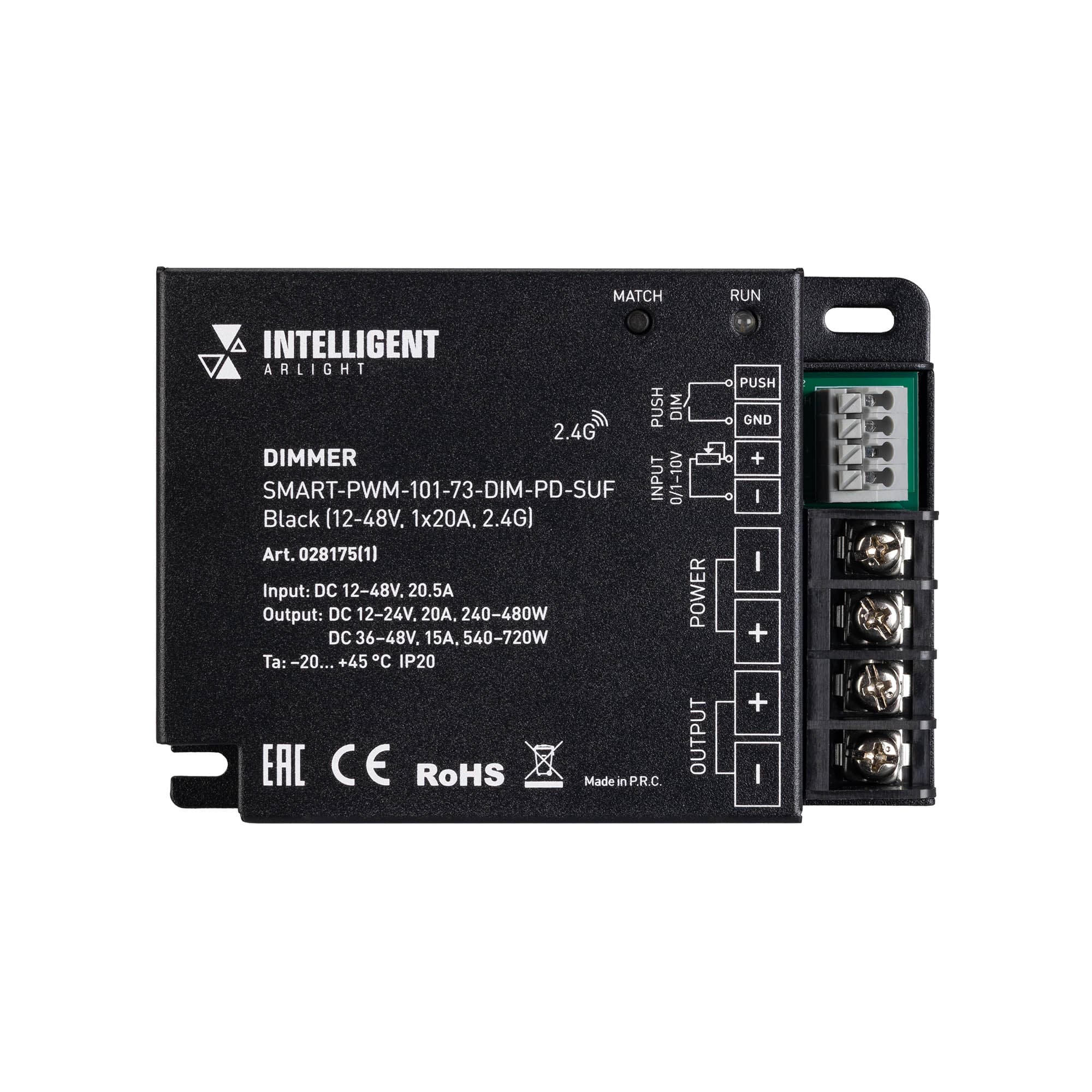 Диммер INTELLIGENT ARLIGHT SMART-PWM-101-73-DIM-PD-SUF Black 12-48V, 1x20A, 2.4G, IP20, металл, 5 лет