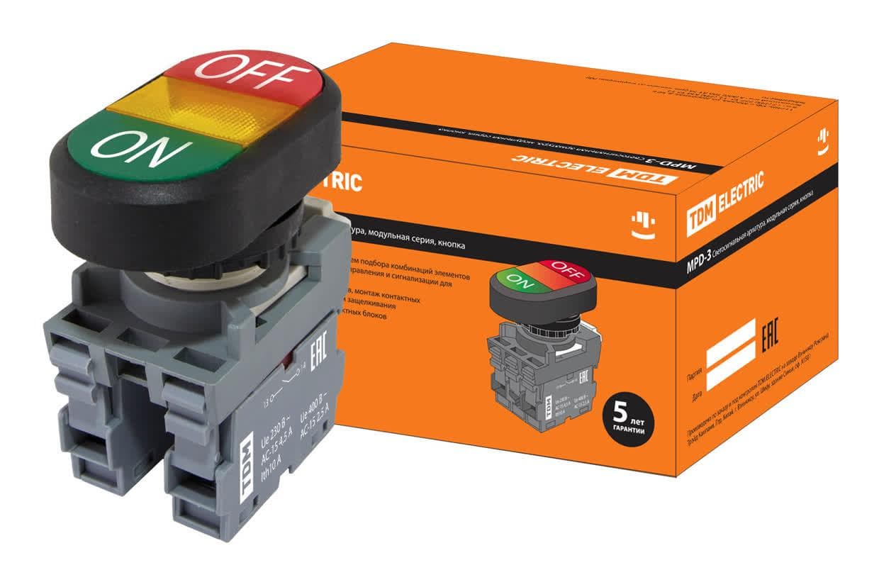 Кнопка двойная MPD3-11Y (зеленая/красная) (LED) в сборе d22мм/220В (ON/OFF) линза желтая