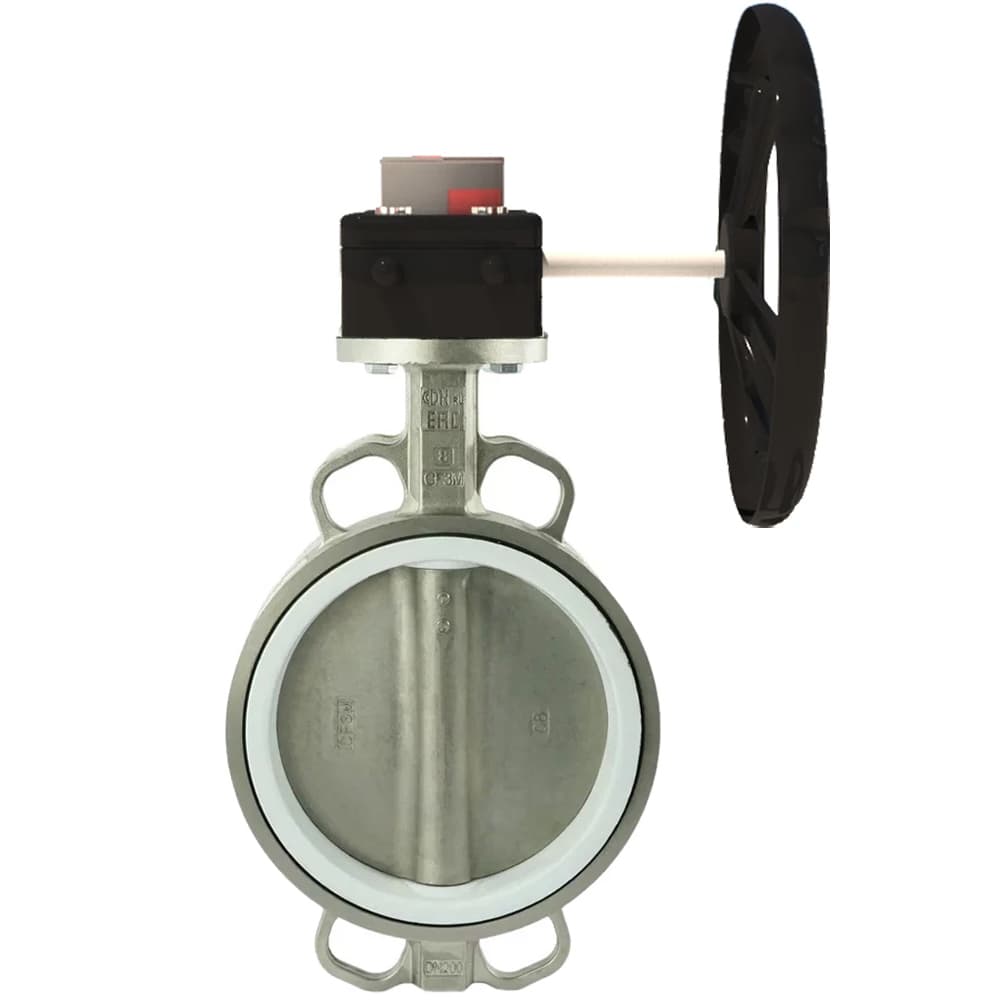 Затвор дисковый поворотный 316L-316L-PTFE Ду100 Ру16 корпус и диск нержавеющая сталь 316L, уплотнение PTFE, с редуктором HGB-1 с индикатором положения