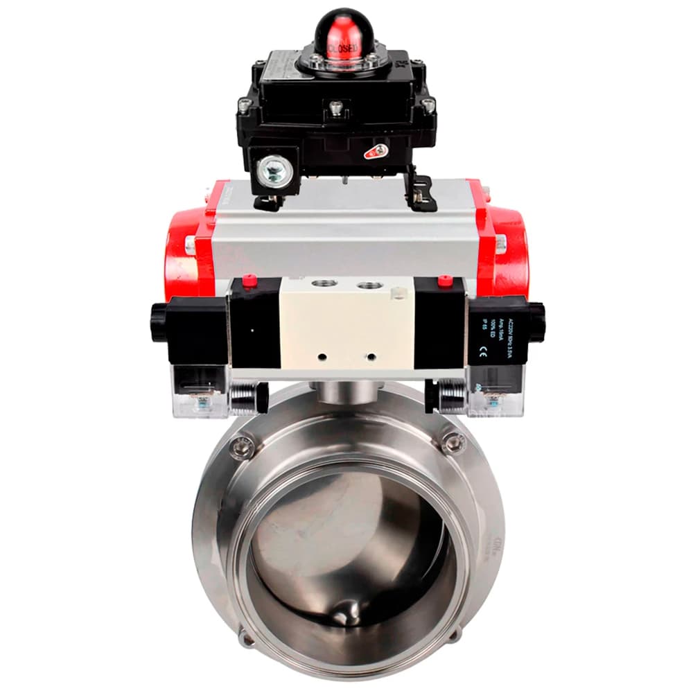 Затвор дисковый поворотный кламповый 304-304-Sil-2W-C-H Ду15 Ру10 корпус пищевая нержавеющая сталь 304, уплотнение Silicon, с пневмоприводом DA-065, пневмораспределителем PND1-S2EM-52-2-T08-220VAC и БКВ LSB-410-02ExM12-250