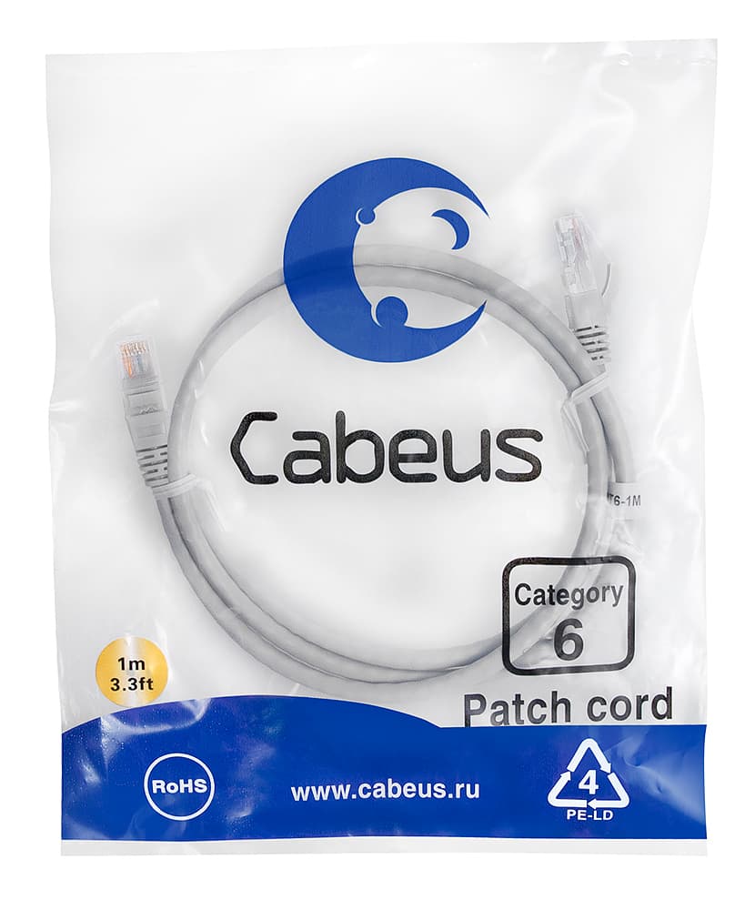 Патч-корд U/UTP, категория 6, 2xRJ45/8p8c, неэкранированный, серый, PVC, 1м