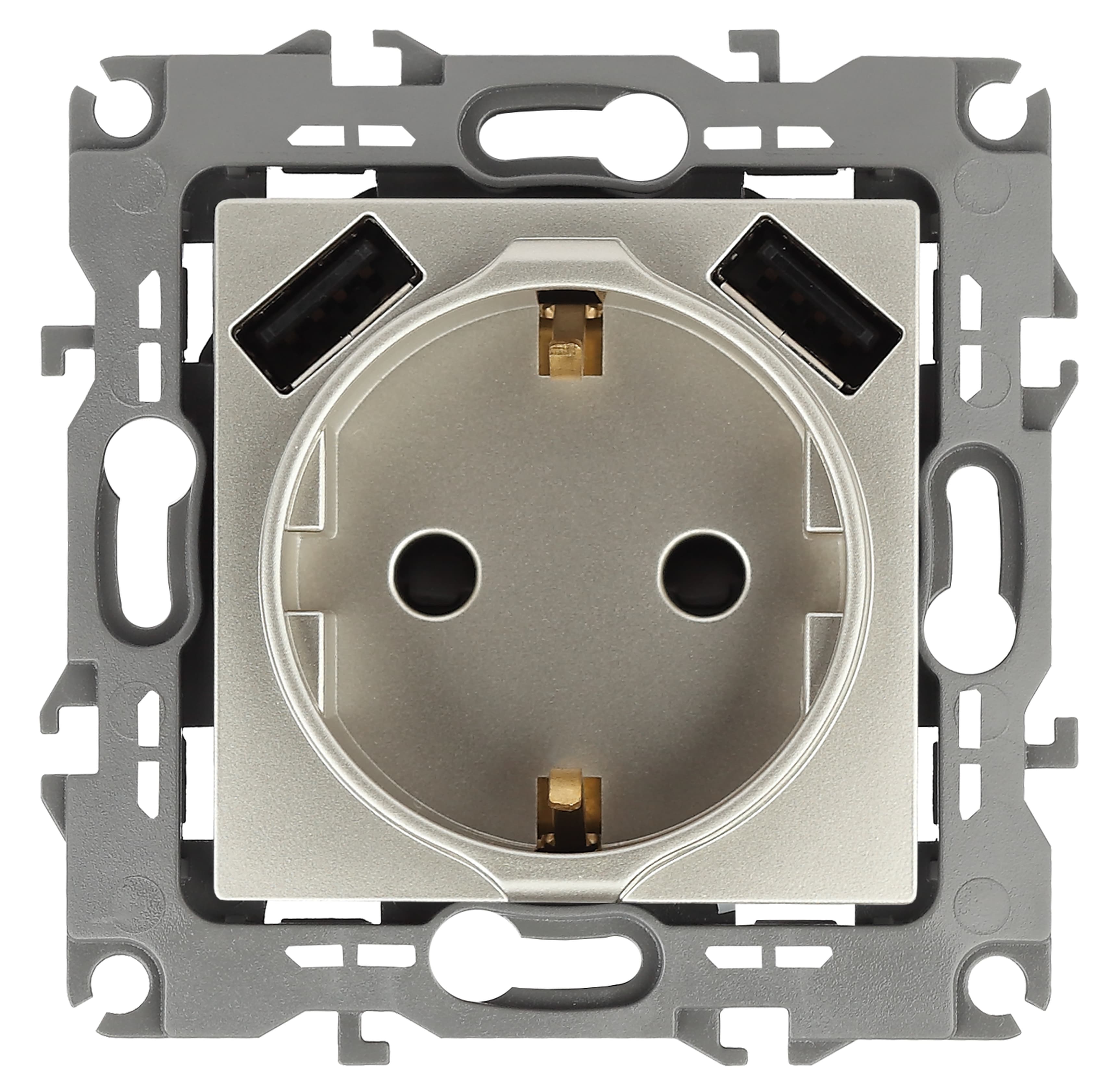 Розетка 2P+E 16A-250В, штор. с 2xUSB 5В-3А, Эра Elegance, шампань 14-4109-04