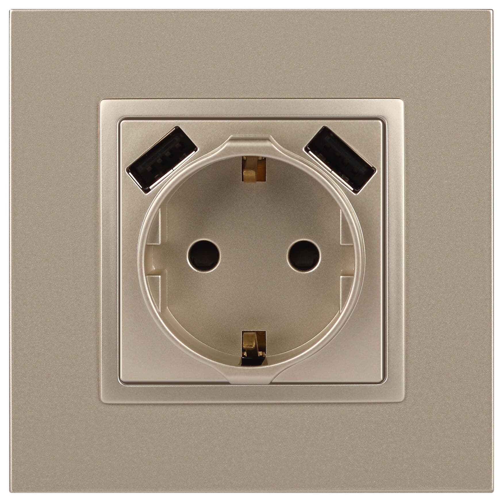 Розетка 2P+E 16A-250В, штор. с 2xUSB 5В-3А, Эра Elegance, шампань 14-4109-04