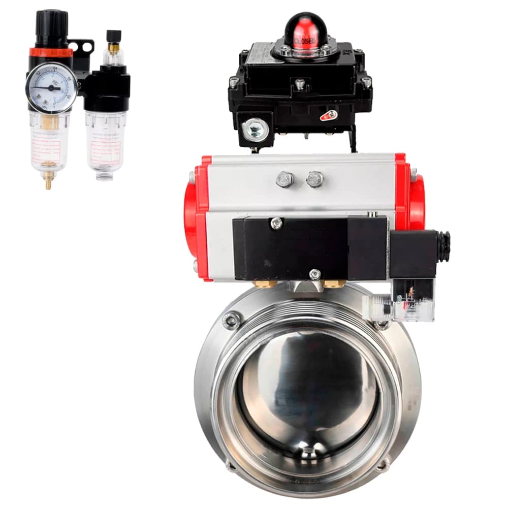 Затвор дисковый поворотный 304-304-Sil-2W-T-H Ду65 Ру10 пищевая нержавеющая сталь 304, уплотнение Silicon, с пневмоприводом SA-083, пневмораспределителем PND2-S1EM-52-1NC-J08-24VDC, БКВ LSB-410-02ExM12-250 и БПВ APU1-10-40-V08