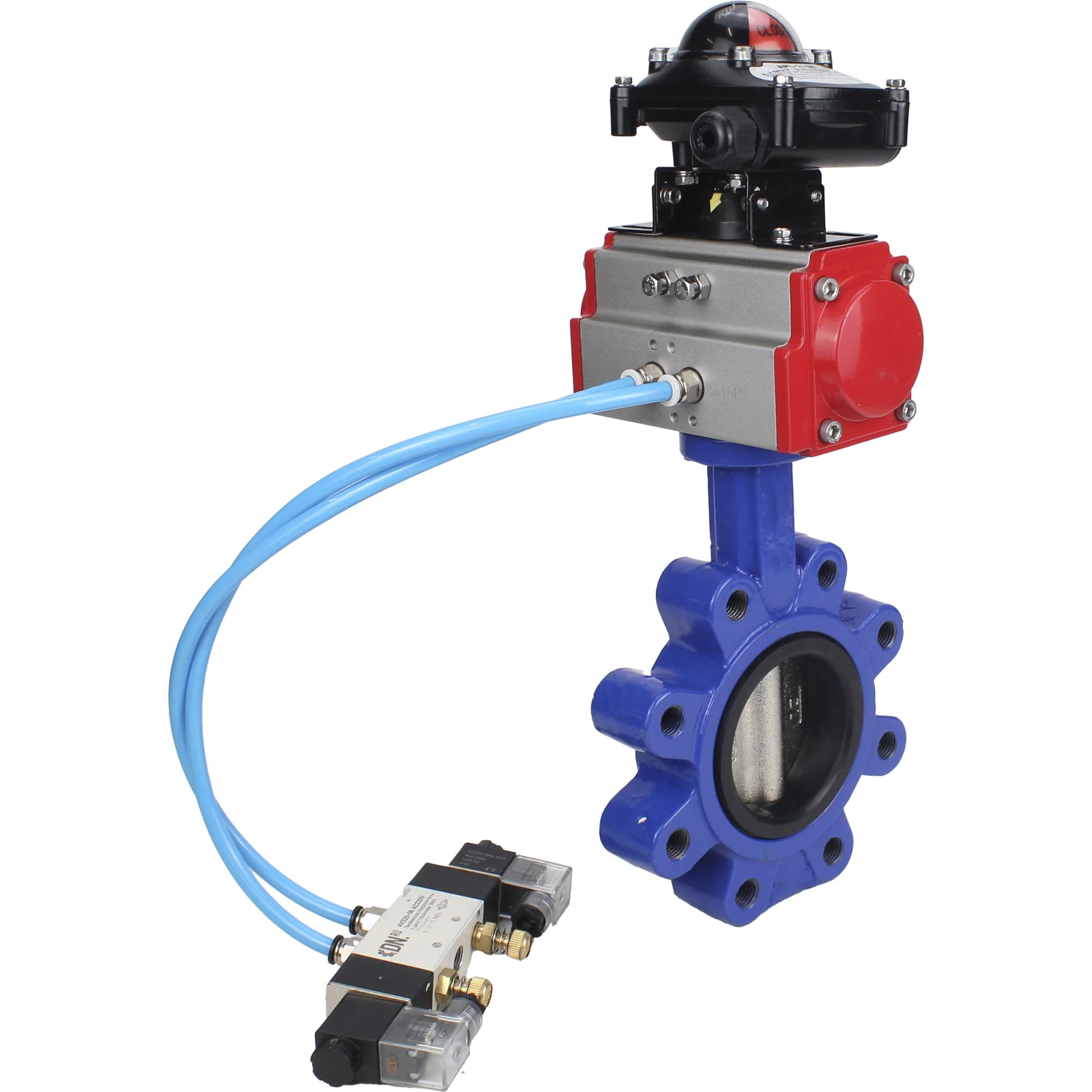 Затвор дисковый поворотный QT450-QT450-NBR-2W-Fb-H Ду125 Ру16 корпус и диск чугун QT450, уплотнение NBR, пневмопривод SA-140, пневмораспределитель PND1-S2EM-52-2-T08-220VAC и БКВ LSB-210-02NM12-220/24
