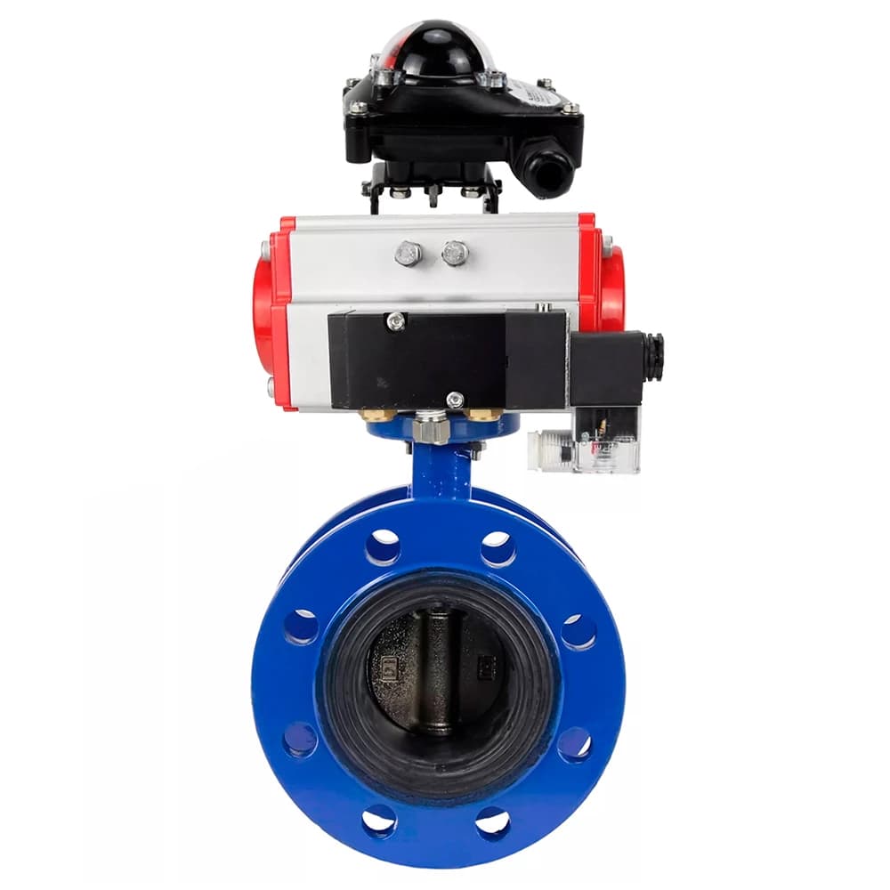 Затвор дисковый поворотный GGG40-304-EPDM-2W-F-H Ду50 Ру16 чугун GGG40, диск нержавеющая сталь 304, уплотнение EPDM, с пневмоприводом DA-105, пневмораспределителем PND2-S1EM-52-1NC-J08-24VDC и БКВ LSB-210-02NM12-220/24