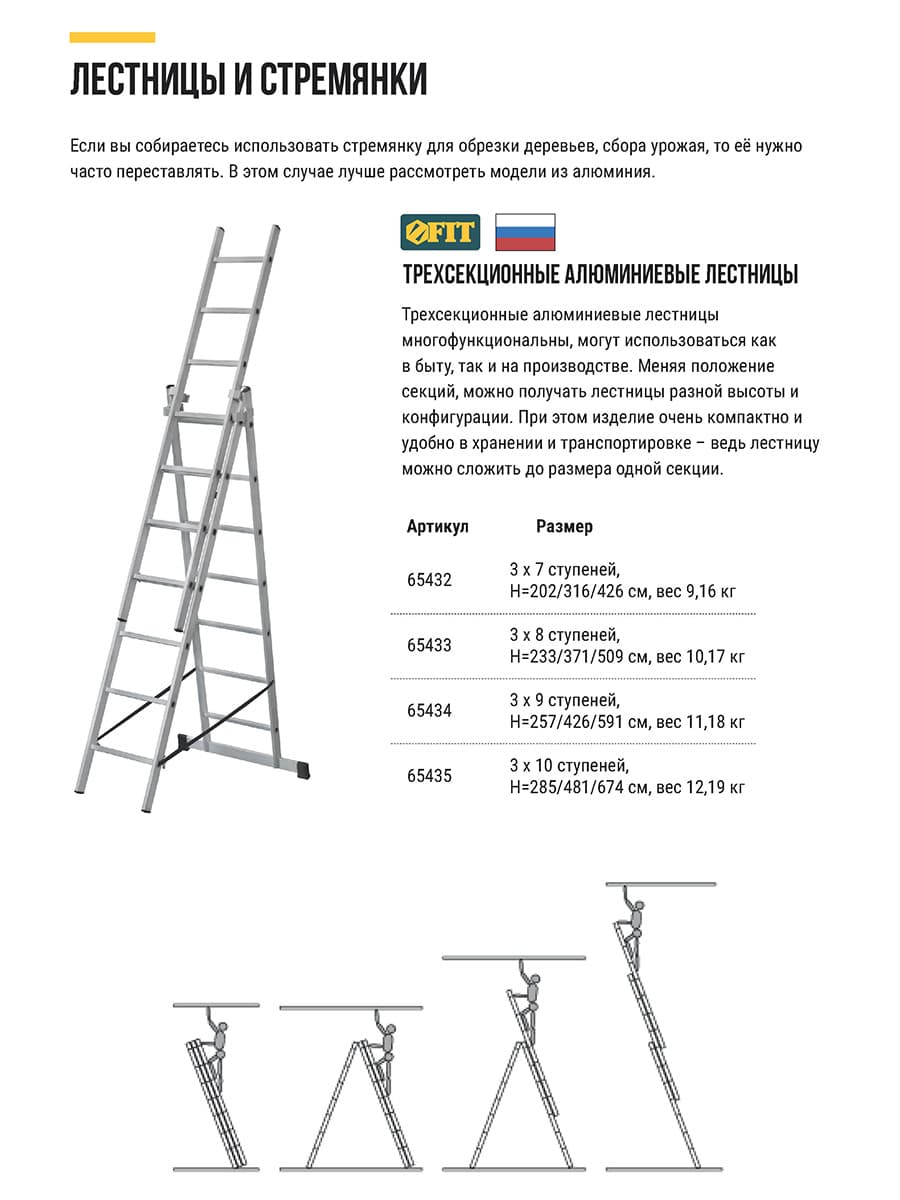 Лестница трехсекционная алюминиевая, 3x8 ступеней, H=233/371/509 см, вес 10.17 кг