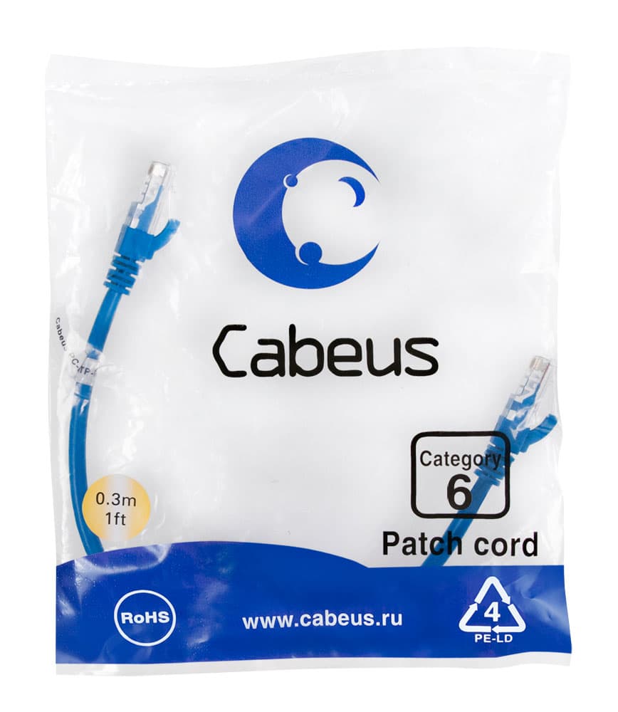 Патч-корд U/UTP, категория 6, 2xRJ45/8p8c, неэкранированный, синий, PVC, 0.3м