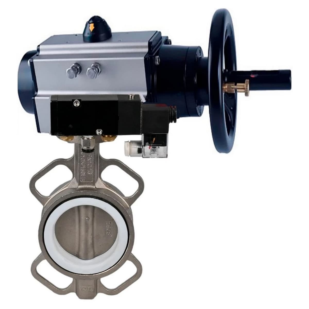 Затвор дисковый поворотный 316L-316L-PTFE Ду125 Ру16, корпус нержавеющая сталь 316L, диск нержавеющая сталь 316L, уплотнение PTFE, с пневмоприводом DA-105-1 двойного действия и пневмораспределителем PND2-S1EM-52-1NC-J08-220VAC