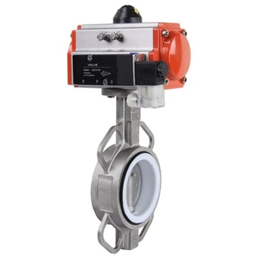 Затвор дисковый поворотный 316L-316L-PTFE Ду40 Ру16, корпус и диск нержавеющая сталь 316L, уплотнение PTFE, с пневмоприводом DA-083 двойного действия, с пневмораспределителем PND1-S2EM-52-2-T08-220VAC