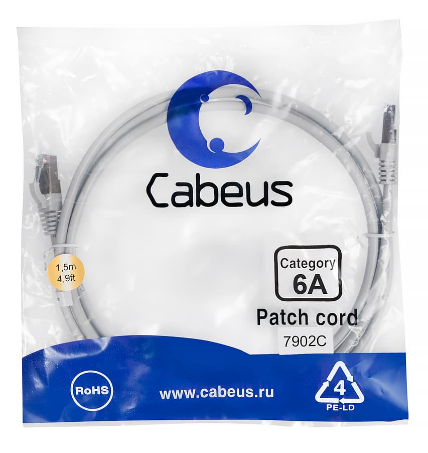 Патч-корд S/FTP, категория 6а (10G), 2xRJ45/8p8c, экранированный, серый, LSZH, 1.5м