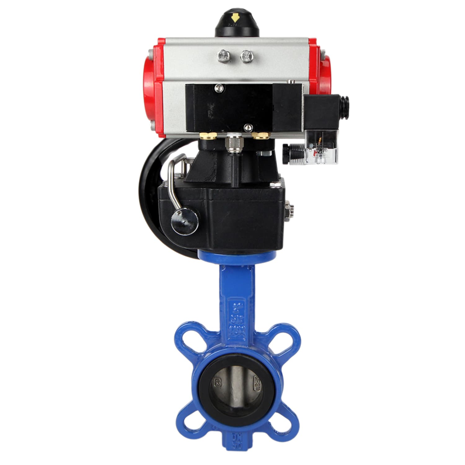 Затвор дисковый поворотный GGG50-316L-EPDM Ду50 Ру16, корпус чугун GGG50, диск нержавеющая сталь 316L, уплотнение EPDM, с пневмоприводом DA-065 двойного действия, с пневмораспределителем PND2-S1EM-52-1NC-J08-220VAC, с ручным дублером HDM-1