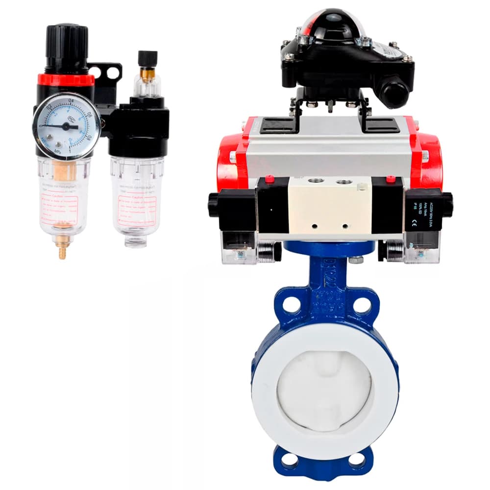 Затвор дисковый WCB-WCB-PTFE-PTFE-Fb-R Ду200 Ру16 корпус и диск углеродистая сталь WCB, футерованный PTFE, уплотнение PTFE, пневмопривод SA-160, пневмораспределителем PND1-S2EM-52-2-T08-220VAC, БКВ LSB-210-02NM12-220/24 и БПВ APU1-10-40-V08