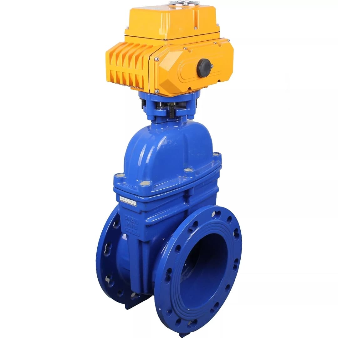 Задвижка клиновая 30ч939р (аналог МЗВ) GGG50-GGG50-EPDM-BLUE Ду100 Ру10/16 фланцевая, клин обрезиненный, шпиндель невыдвижной, корпус чугун, уплотнение EPDM, c ISO-фланцем с электроприводом многооборотным MN-005 220В