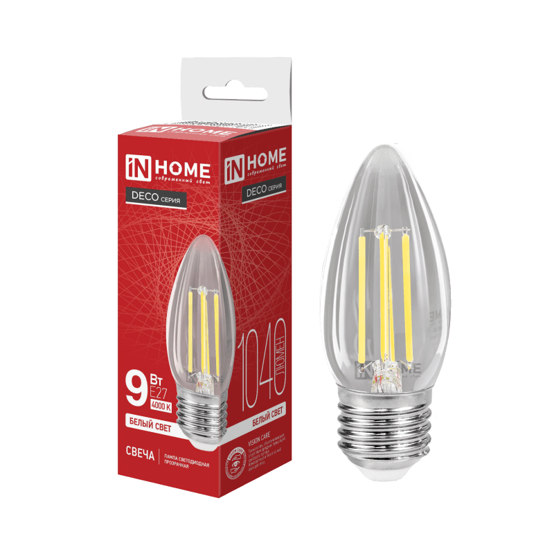 Лампа светодиодная LED-СВЕЧА-deco 9Вт 230В 230В Е27 4000К 1040Лм прозрачная IN HOME