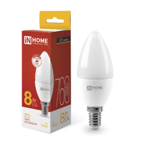 Лампа светодиодная LED-СВЕЧА-VC 8Вт 230В Е14 3000К 760Лм IN HOME