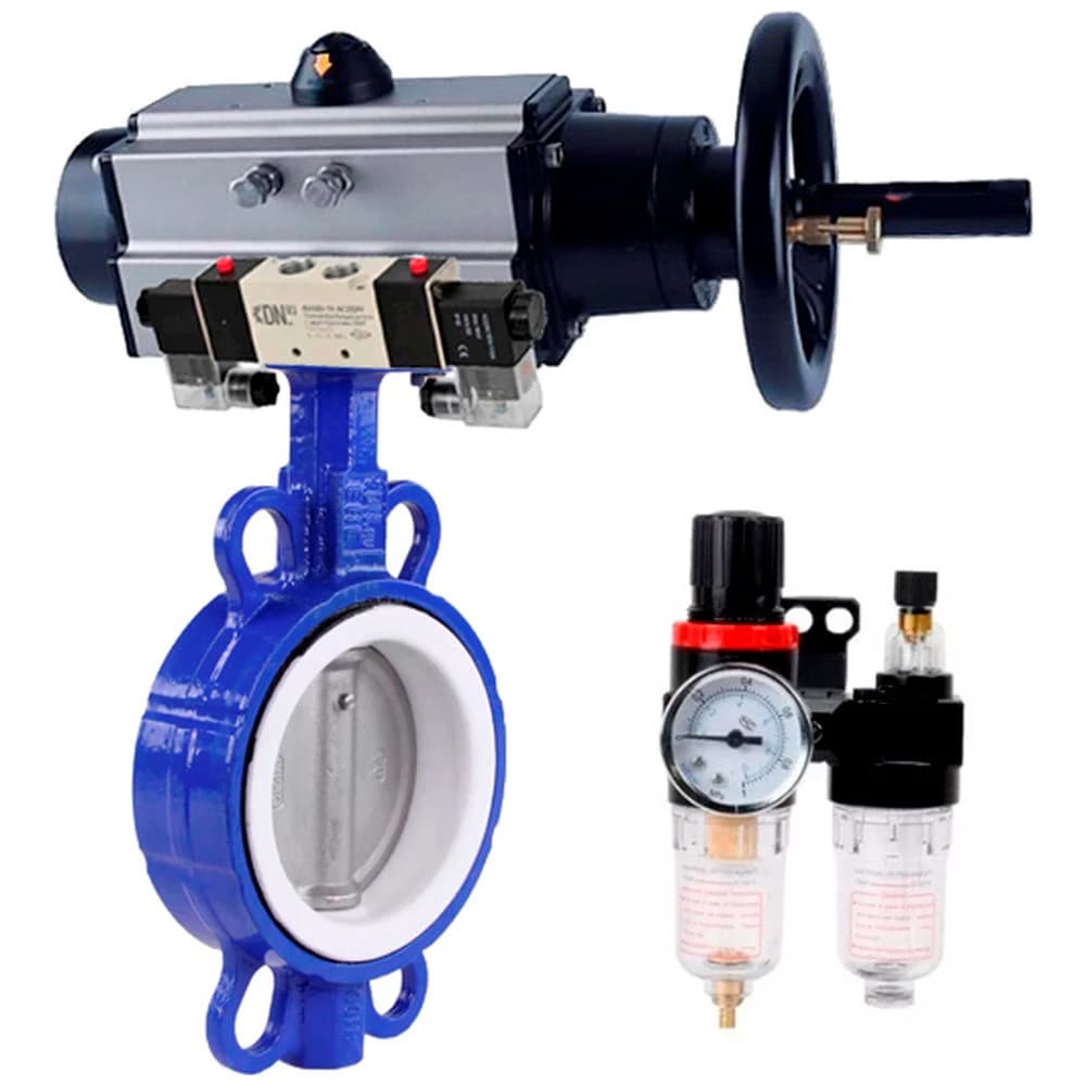 Затвор дисковый поворотный WCB-316-PTFE-2W-Fb Ду125 Ру16, корпус углеродистая сталь WCB, диск нержавеющая сталь 316L, уплотнение PTFE, с пневмоприводом DA-105-1, с пневмораспределителем PND1-S2EM-52-2-T08-220VAC, БПВ APU1-10-40-V08