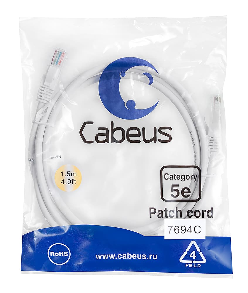 Патч-корд U/UTP, категория 5е, 2xRJ45/8p8c, неэкранированный, белый, PVC, 1.5м