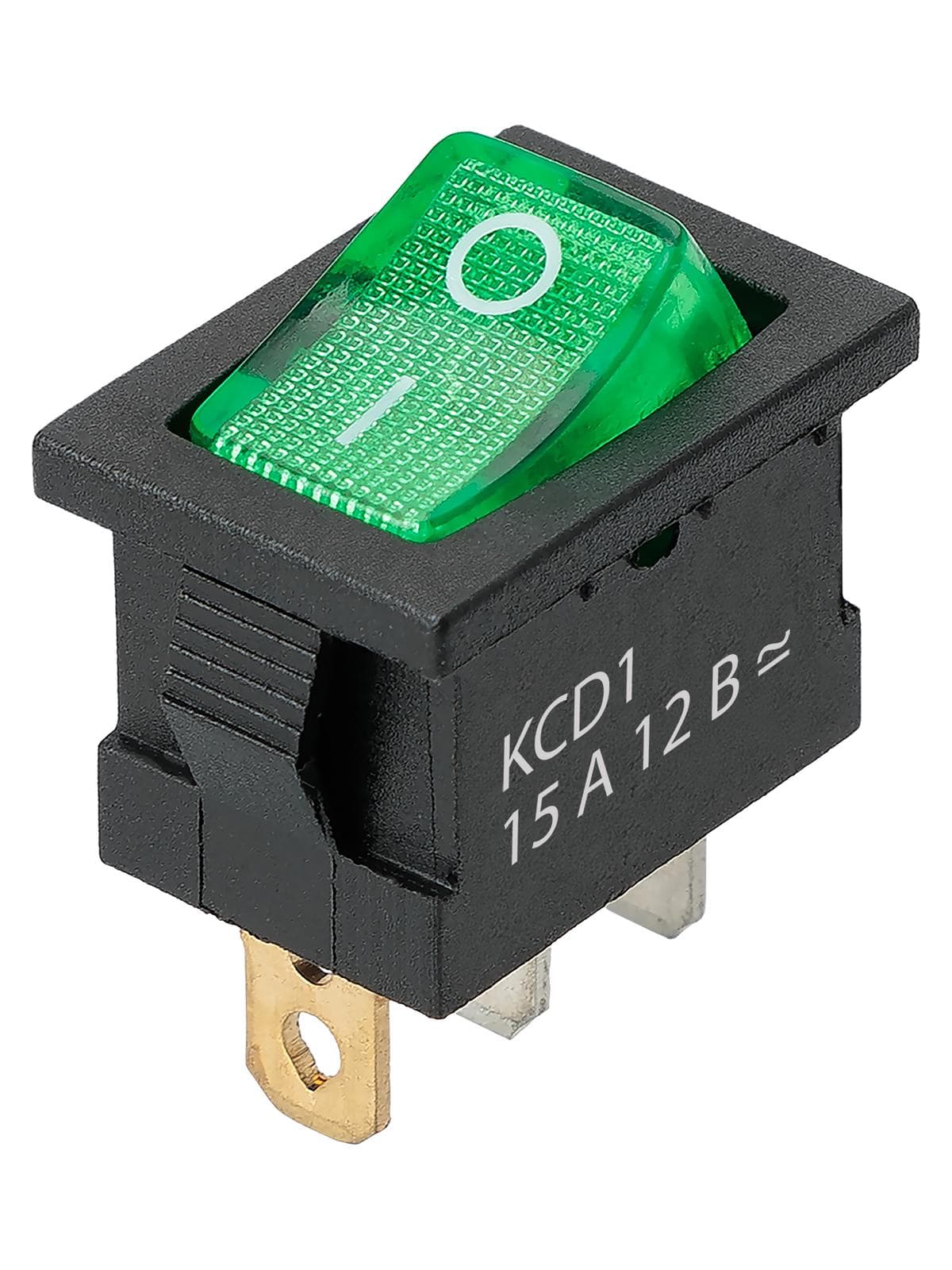 Выключатель клавишный KCD1-101N 12В AC/DC, 1P, 15А, (3с), ON-OFF, черный корпус, зеленая клавиша с LED подсветкой, Mini TDM