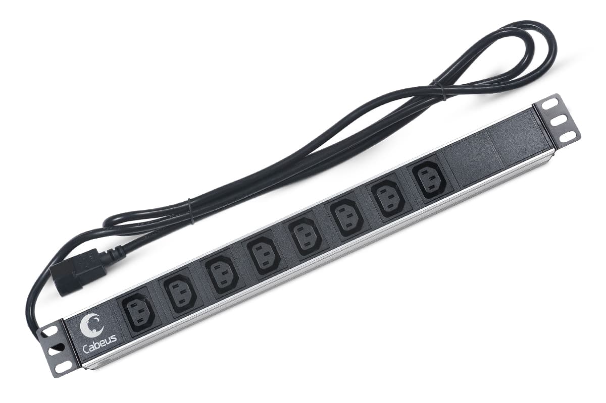 Блок розеток для 19' шкафов, горизонтальный, 8 розеток IEC 320 C13, 10 A, без выключателя, алюминиевый корпус, шнур 2 м, вилка IEC 320 C14