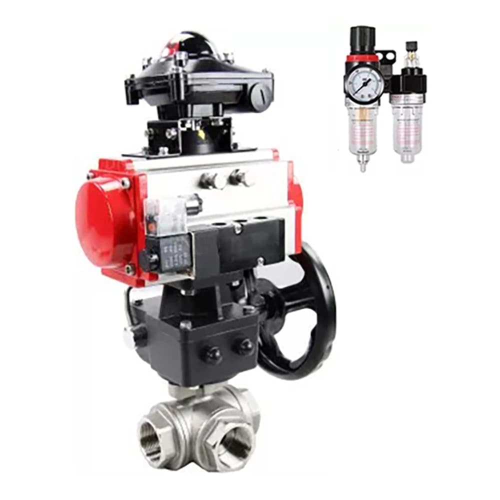 Кран шаровой RP.SS316.200.MM.020-ISO Ду20 Ру63 ст.проходной 3-ходовой L-тип нержавеющий, внутренняя резьба, PTFE, пневмопривод DA-052, пневмораспределитель PND2-S1EM-52-1NC-J08-220VAC, БКВ LSB-410-02ExM12-250, дублёр HDM-1, БПВ APU1-10-40-V08