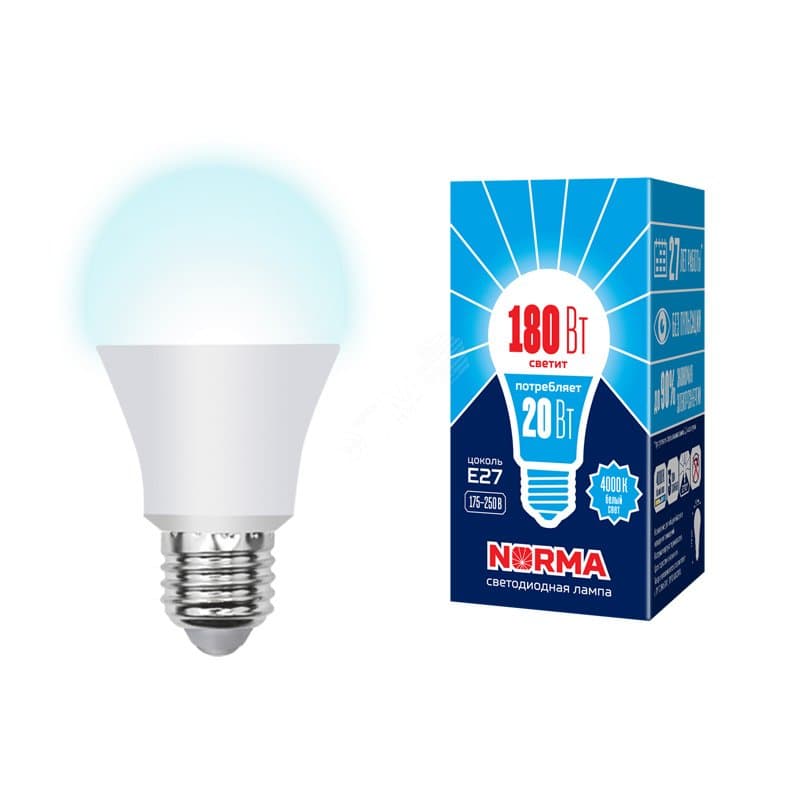 Лампа светодиодная LED-A65-20W/NW/E27/FR/NR Форма A, матовая, Norma, белый свет (4000K), картон, ТМ Volpe