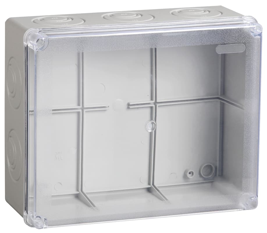 Коробка КМ41277 распаячная для открытой проводки 240х195х165мм IP44 RAL7035 прозрачный красный кабельные вводы