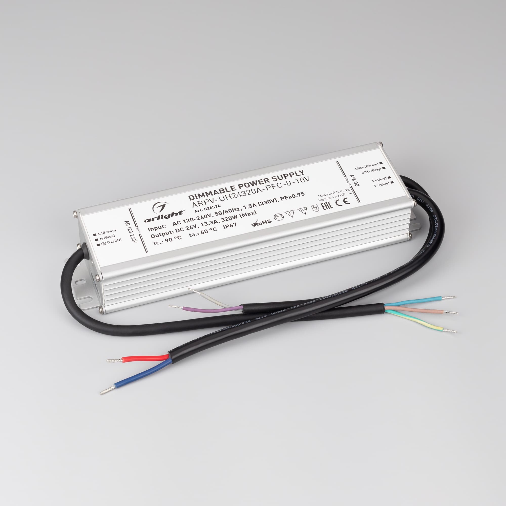 Блок питания ARPV-UH24320A-PFC-0-10V (24V, 13.3A, 320W) (ARL, IP67 Металл, 7 лет)