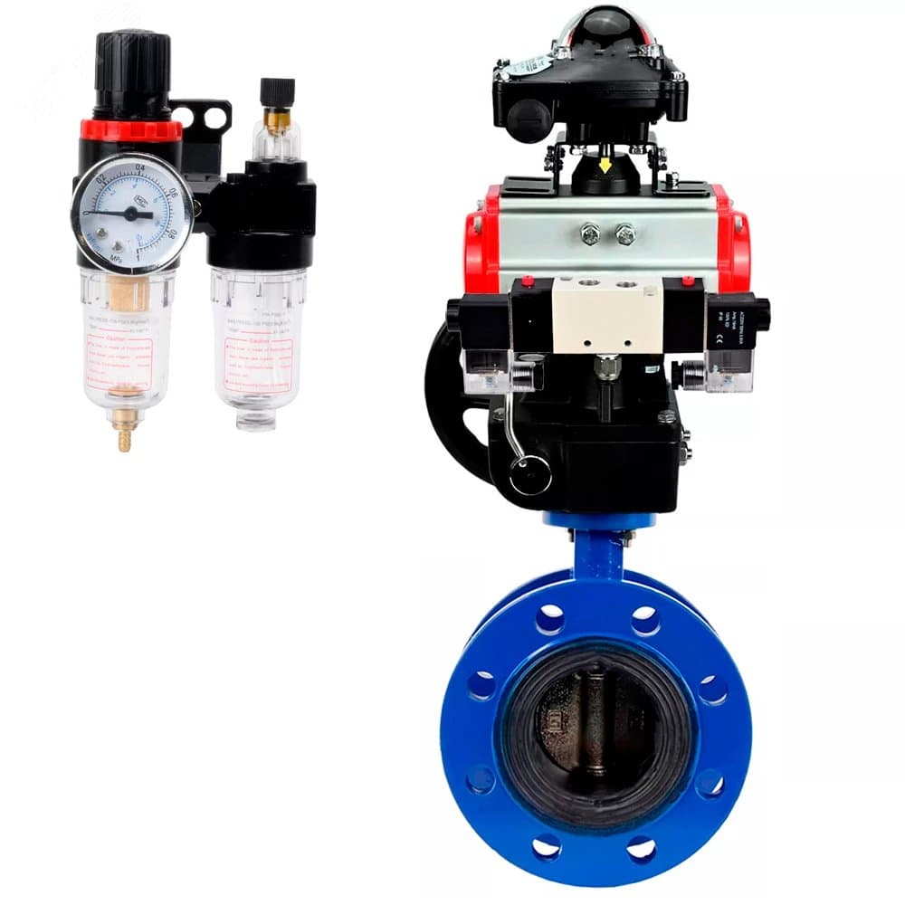Затвор дисковый поворотный GGG40-304-EPDM-2W-F-H Ду80 Ру16 чугун GGG40/нержавеющая сталь 304, EPDM, с пневмоприводом DA-105, пневмораспределителем PND1-S2EM-52-2-T08-220VAC, БКВ LSB-210-02NM12-220/24, дублером HDM-3 и БПВ APU1-10-40-V08