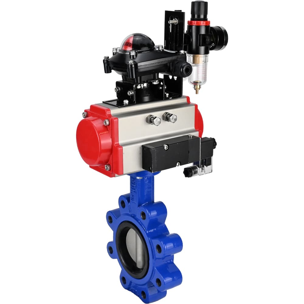 Затвор дисковый поворотный QT450-304-EPDM-2W-Fb-H Ду100 Ру16 чугун QT450, диск нержавеющая сталь 304, уплотнение EPDM, пневмопривод DA-083, пневмораспределитель PND2-S1EM-52-1NC-J08-220VAC, БКВ LSB-210-02NM12-220/24 и БПВ APU1-10-40-V08