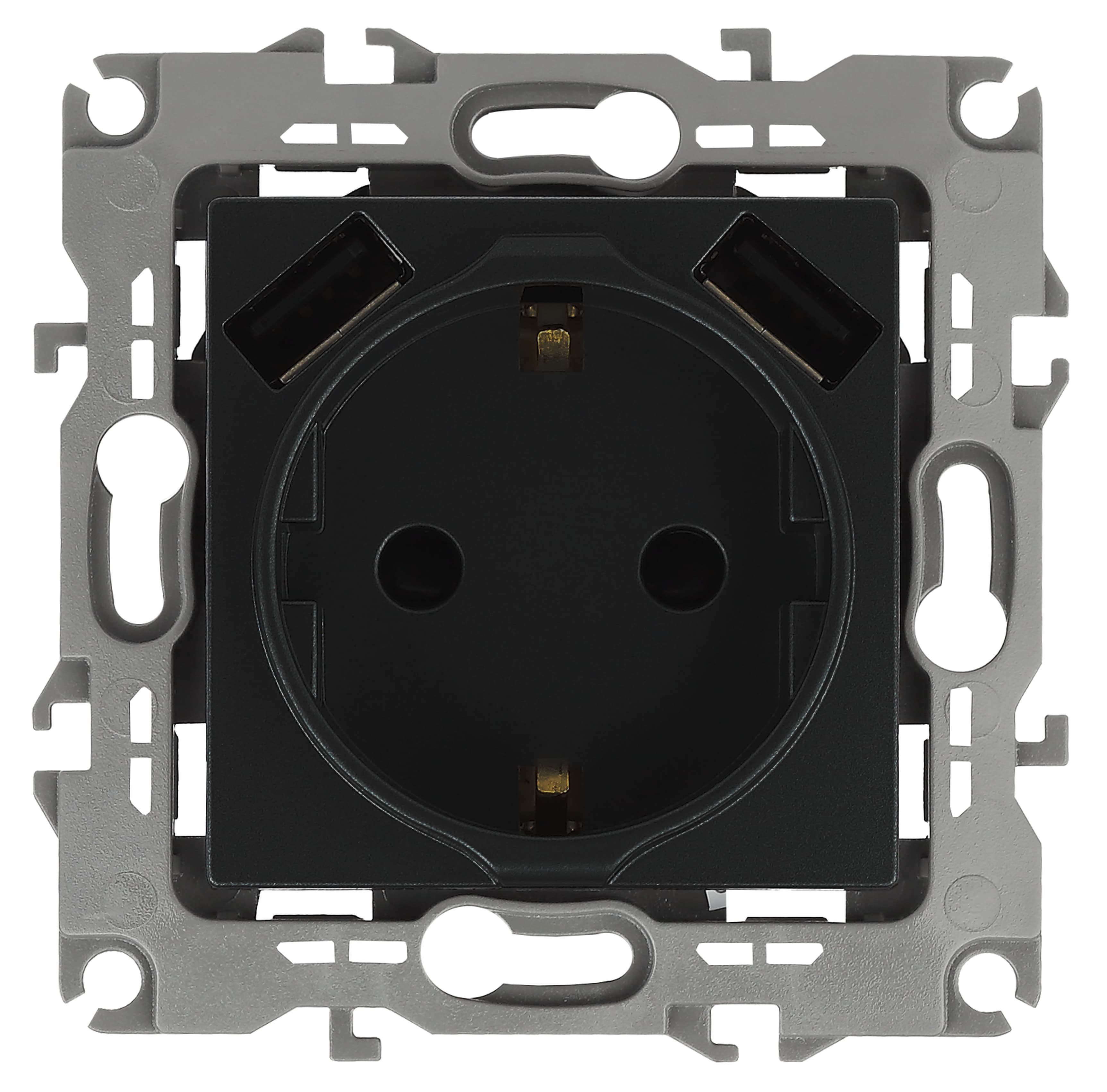 Розетка 2P+E 16A-250В, штор. с 2xUSB 5В-3А, Эра Elegance, антрацит 14-4109-05