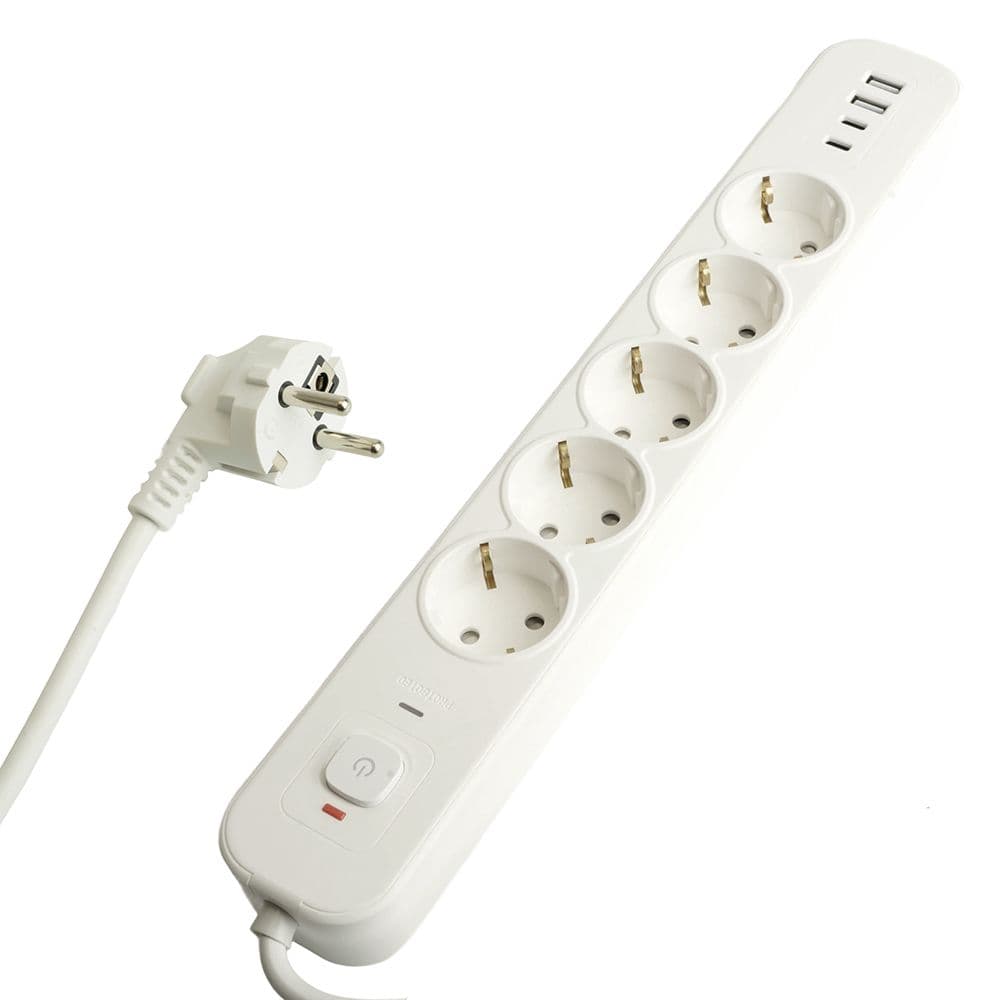 Фильтр сетевой 5-местный с/з 3x1 мм2 1,8 м 250 В 16 А 2 USB-A+2 Type-C белый HM21-51-02
