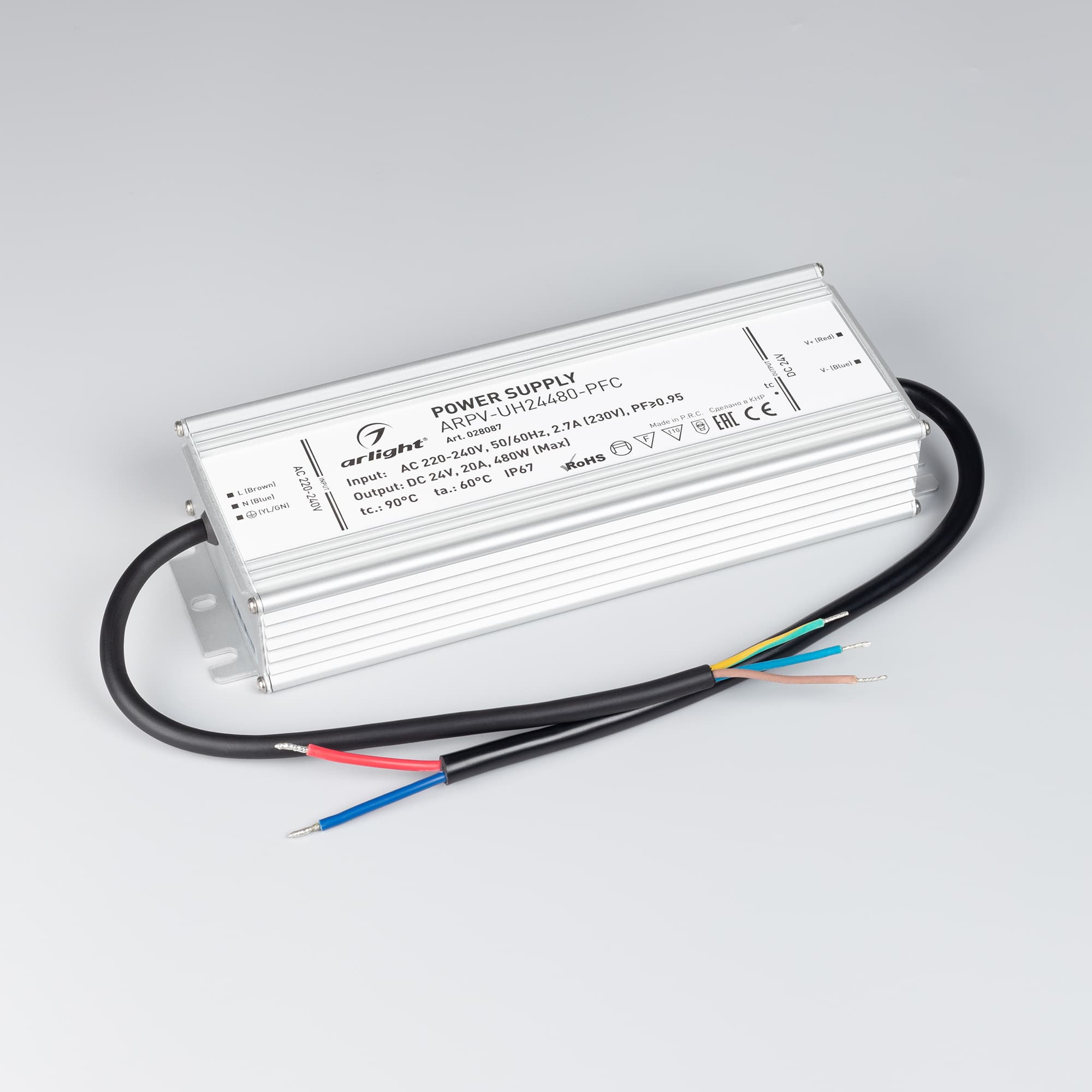 Блок питания ARPV-UH24480-PFC (24V, 20A, 480W) (ARL, IP67 Металл, 7 лет)