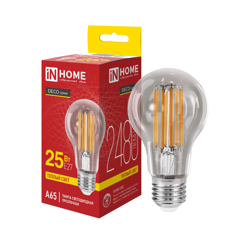 Лампа светодиодная LED-A65-deco 25Вт 230В Е27 3000К 2480Лм прозрачная IN HOME