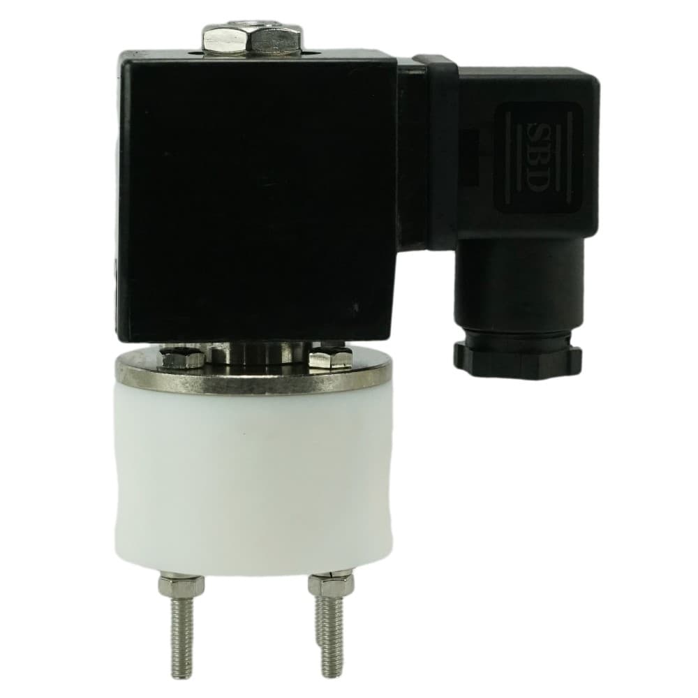 Клапан электромагнитный соленоидный двухходовой VS2W-803 V-NC-5 (НЗ) Ду8 (1/4 дюйм) Ру4 корпус PTFE с антикоррозийным покрытием, уплотнение VITON, резьба G, с катушкой 24В