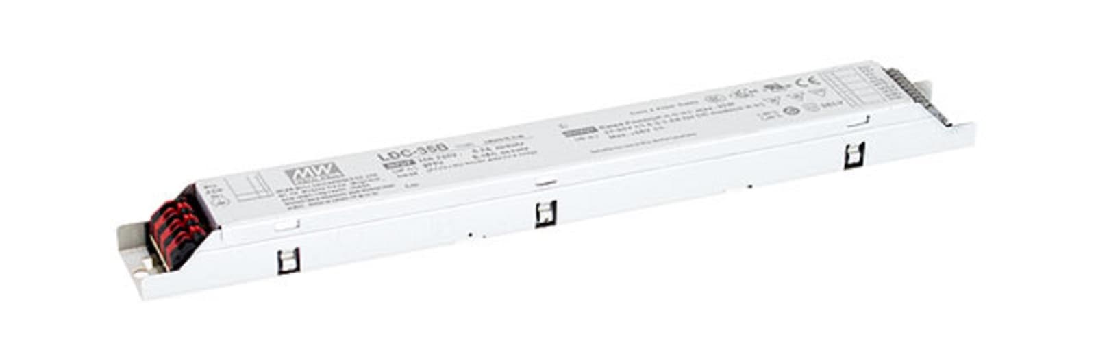 Источник питания LED, 35Вт, вход 180…295В AC, 47…63Гц254…420В DC, ККМ, выход в режиме пост. мощности 27…56В625…1000мА, изоляция 3750В AC, в кожухе 280х30х21, -25…+80°С (корпус), димминг 3 в 1