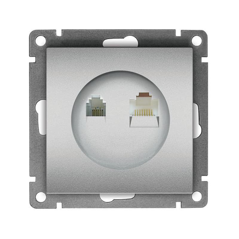 Розетка компьютерная+телефонная UNIVersal серия Афина, с/у, 1А, RJ45, RJ12, серебро (еврослот), механизм