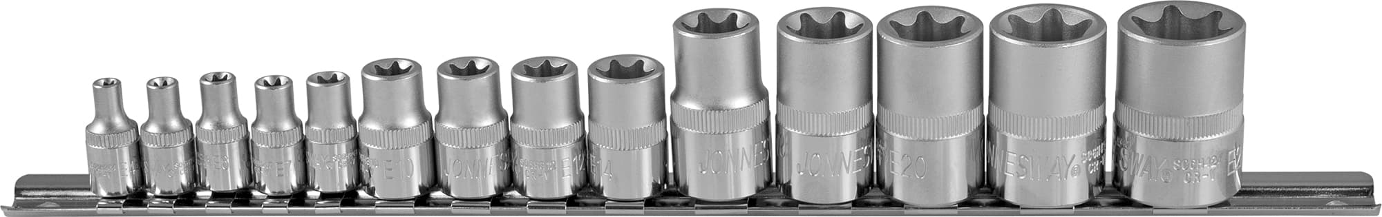 Набор головок торцевых 1/4'', 3/8'', 1/2''DR, внешний TORX®, на держателе, Е4-E24, 14 предметов