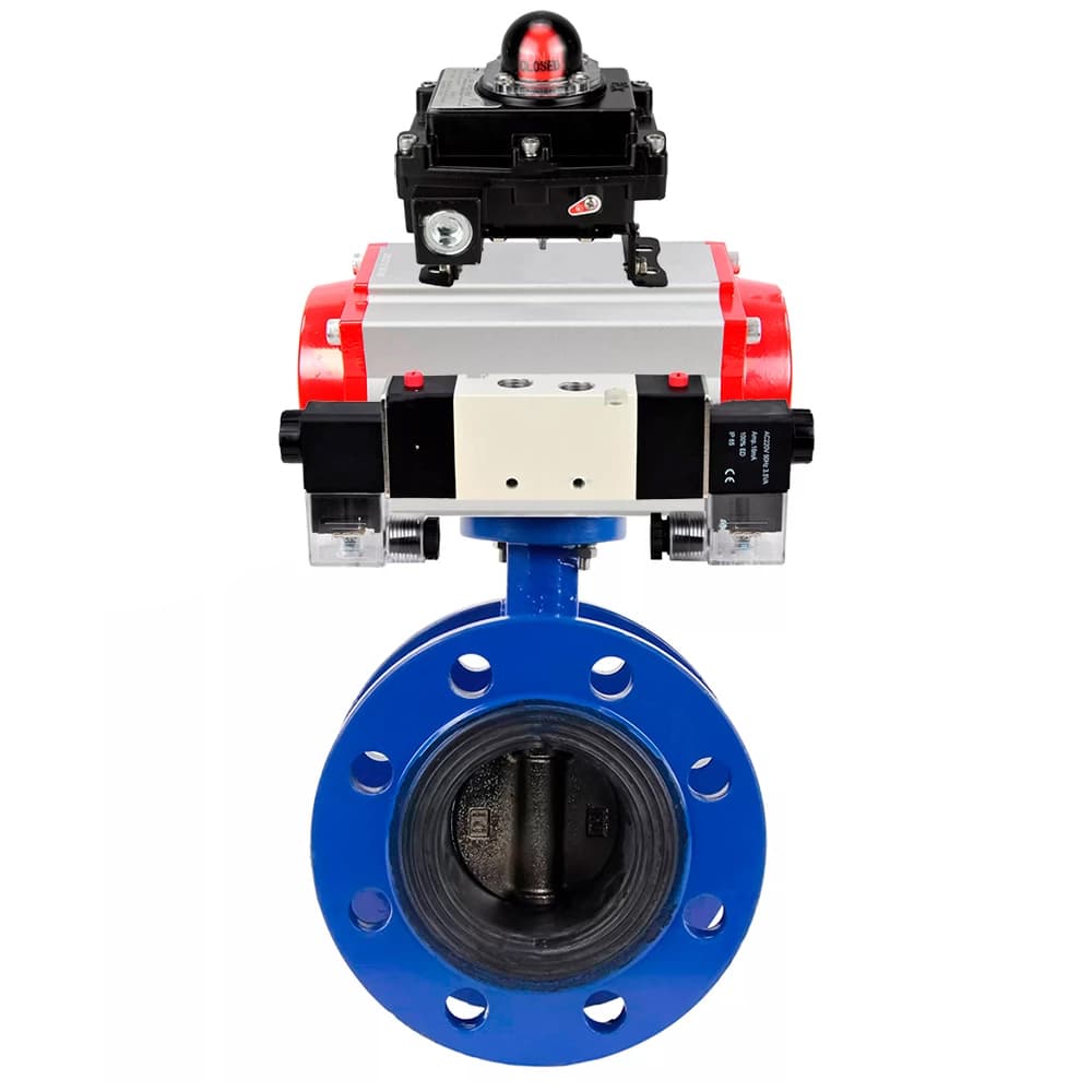 Затвор дисковый поворотный GGG40-304-EPDM-2W-F-H Ду100 Ру16 чугун GGG40, диск нержавеющая сталь 304, уплотнение EPDM, с пневмоприводом SA-140, пневмораспределителем PND1-S2EM-52-2-T08-220VAC и БКВ LSB-410-02ExM12-250