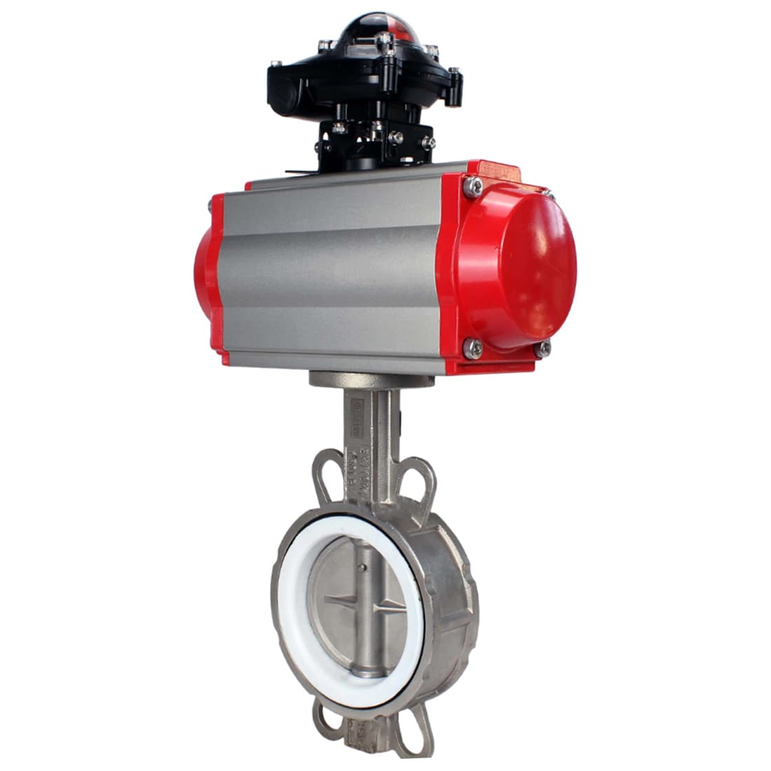 Затвор дисковый поворотный 316L-316L-PTFE Ду40 Ру16, корпус нержавеющая сталь 316L, диск нержавеющая сталь 316L, уплотнение PTFE, с пневмоприводом DA-083 и БКВ LSB-210-02NM12-220/24