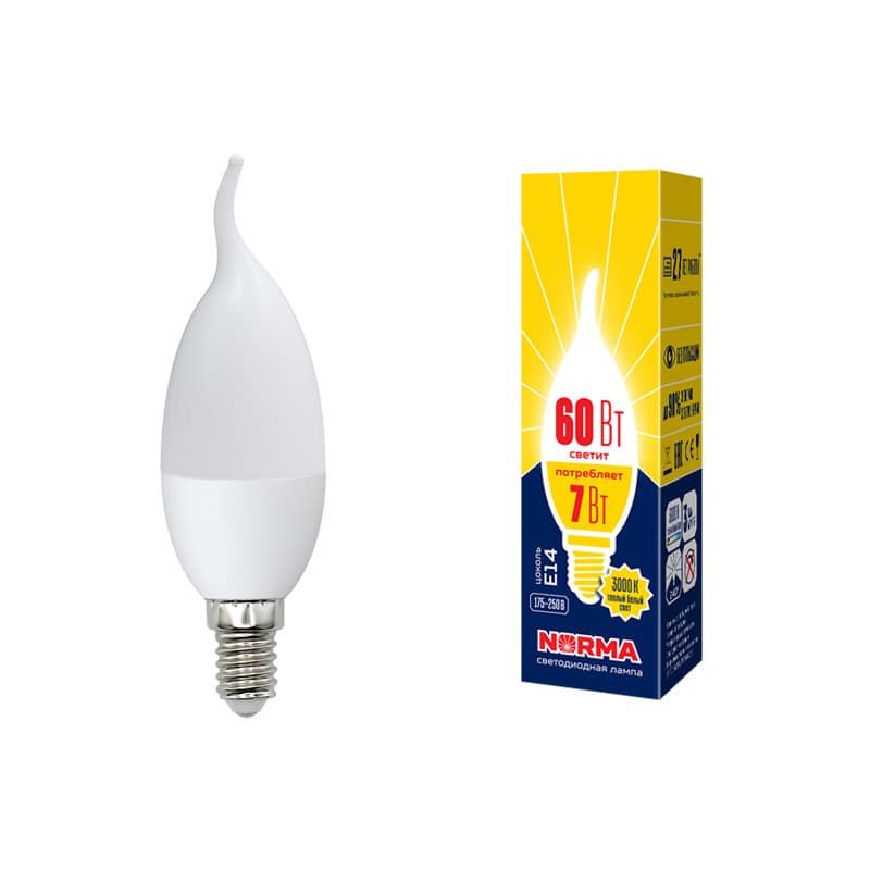 Лампа светодиодная LED-CW37-7W/WW/E14/FR/NR Форма свеча на ветру, матовая, Norma, теплый белый свет (3000K), картон, ТМ Volpe