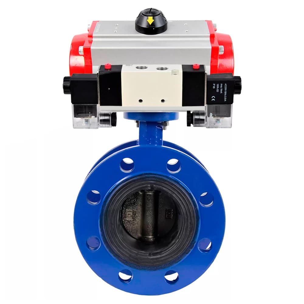 Затвор дисковый поворотный GGG40-304-EPDM-2W-F-H Ду200 Ру16 корпус чугун GGG40, диск нержавеющая сталь 304, уплотнение EPDM, с пневмоприводом DA-140 и пневмораспределителем PND1-S2EM-52-2-T10-220VAC