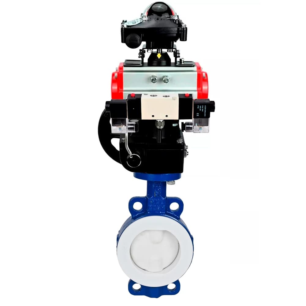 Затвор дисковый WCB-WCB-PTFE-PTFE-Fb-R Ду300 Ру16 корпус и диск углеродистая сталь WCB, футерованный PTFE, уплотнение PTFE, пневмопривод DA-140, пневмораспределителем PND1-S2EM-52-2-T10-220VAC, БКВ LSB-210-02NM12-220/24, ручной дублёр HDM-4