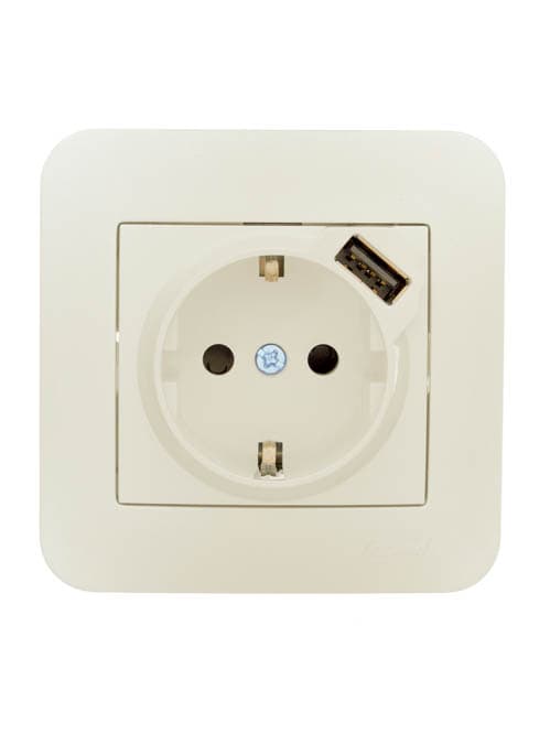 ASTI Розетка с заземлением (16 А) + USB , крем Lezard 7081-0303-181