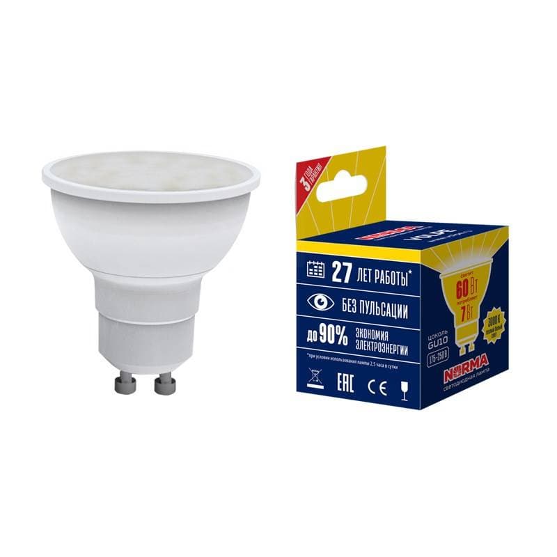 Лампа светодиодная LED-JCDR-10W/WW/GU10/NR, форма JCDR, матовая, Norma, теплый белый свет (3000K), картон, ТМ Volpe
