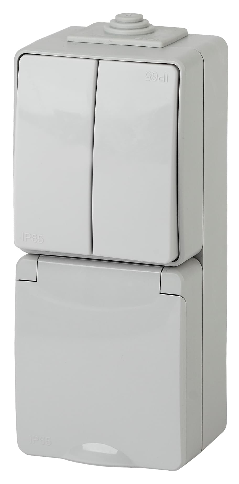 Блок розетка+выкл. двойн. верт. IP65, 16A(10AX)-250В, ОУ, Эра Эксперт, серый, 11-7608-03