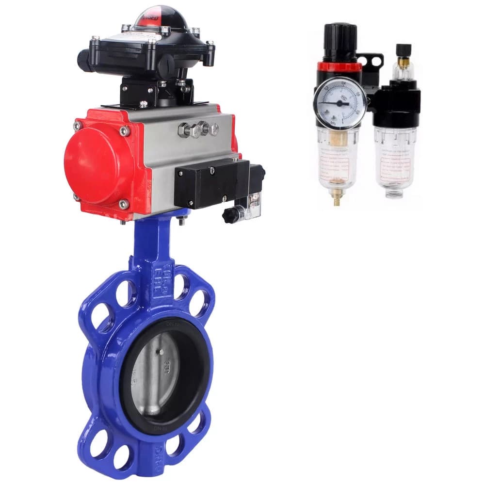Затвор дисковый поворотный WCB-316-EPDM-2W-Fb Ду150 Ру16, корпус углеродистая сталь WCB, уплотнение EPDM, с пневмоприводом SA-130, с пневмораспределителем PND1-S2EM-52-2-T08-220VAC, БКВ LSB-410-02ExM12-250, БПВ APU1-10-40-V08