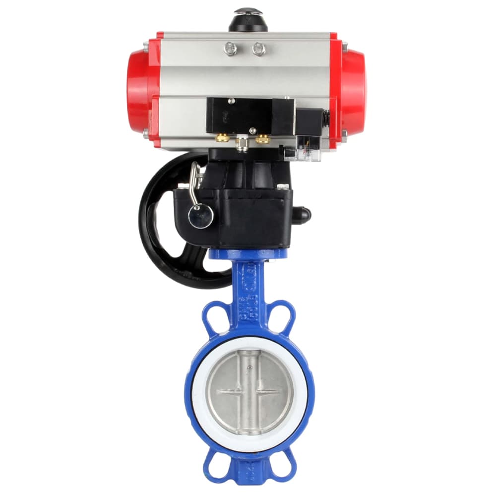 Затвор дисковый поворотный WCB-316L-PTFE Ду250 Ру16, корпус углеродистая сталь WCB, диск нержавеющая сталь 316L, уплотнение PTFE, с пневмоприводом DA-140, с пневмораспределителем PND1-S2EM-52-2-T08-220VAC, с ручным дублером HDM-4